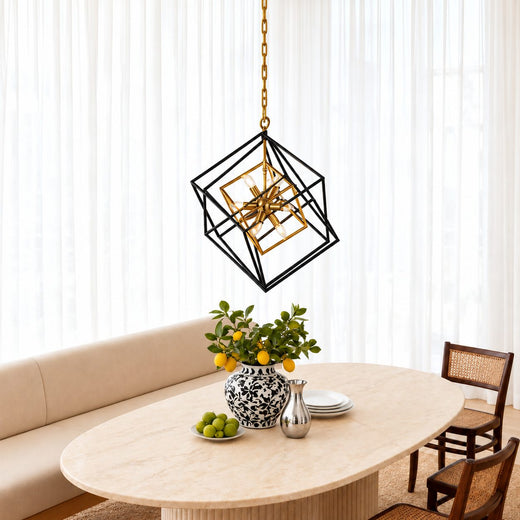 Eye-catching square pendant lights with a nested cubic design, suspended above an oval marble table in a bright, modern room.