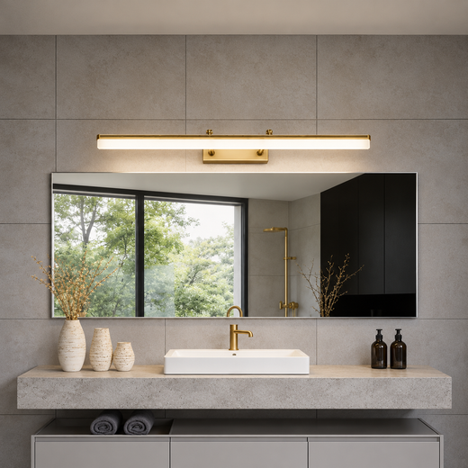 Long gold bathroom vanity light fixture above a large mirror in a contemporary double sink bathroom.