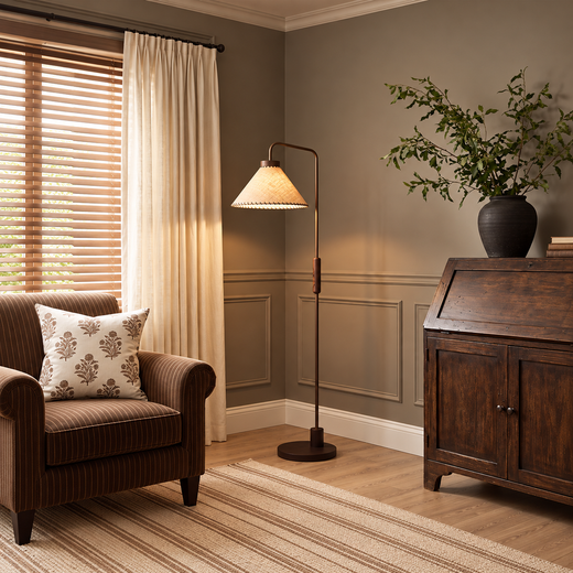 Floor decorative lamp beside an accent chair, featuring a slim wood stem and tapered fabric shade.
