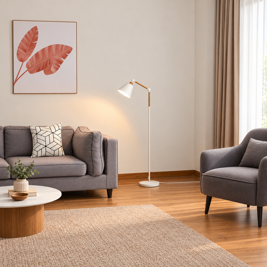 Industrial metallic floor lamp with white shade and copper arm detail showing premium construction quality