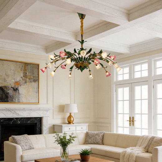 Vintage floral chandelier with a close-up of its elegant floral branches and warm light.