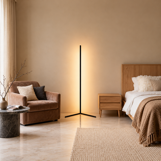 RGB corner floor lamp illuminating a cozy bedroom with warm white light.