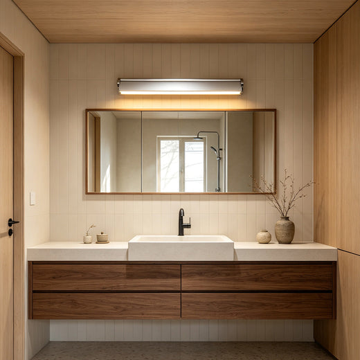 Modern silver wall lights above a wooden vanity mirror creating warm illumination in a minimalist bathroom interior.