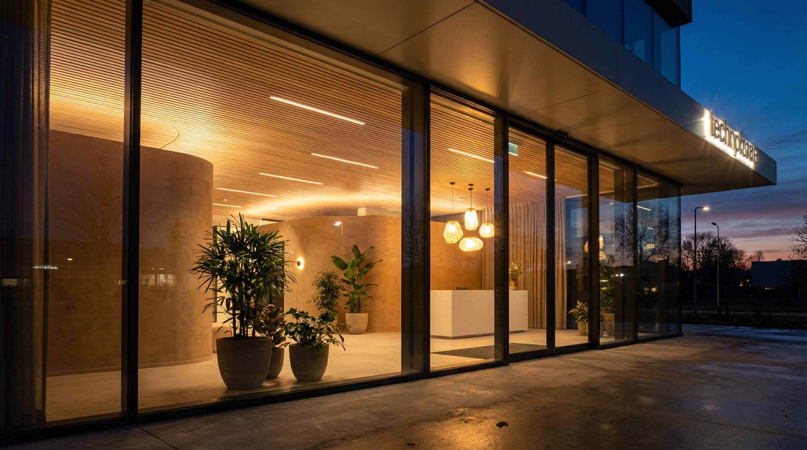 Executive meeting room with suspended round fixtures, showing balanced ambient light across seating positions
