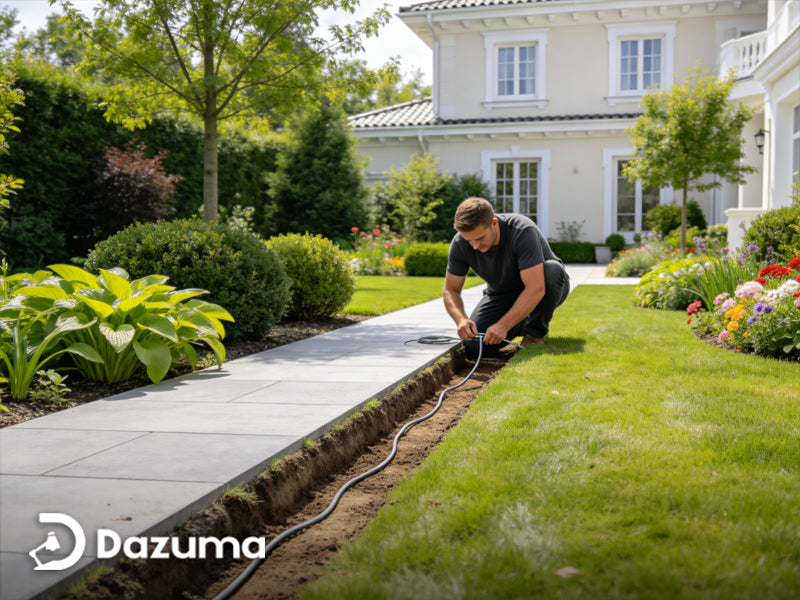 electrician wiring low voltage landscape lighting system outdoors
