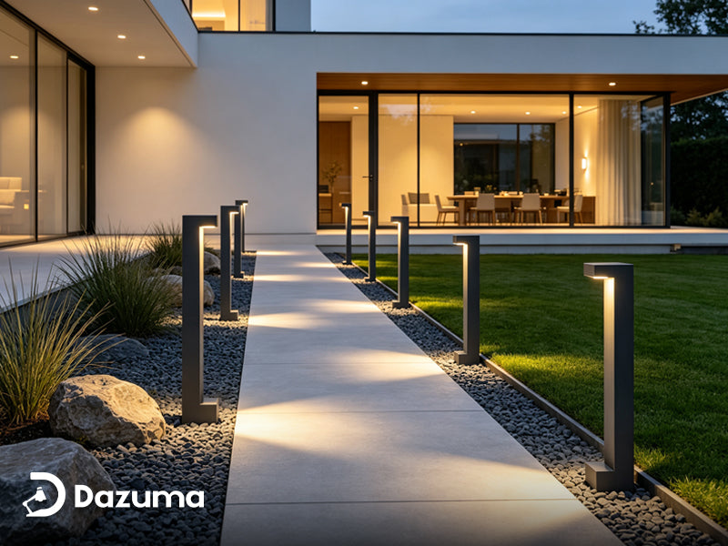 Elegant Black Bollard Lights Illuminating A Luxury Stone Pathway At Night With Soft Downward Glow
