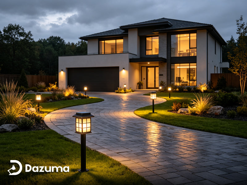 Modern Front Yard With Bright Outdoor Solar Lights Shining Safely On A Cloudy Evening