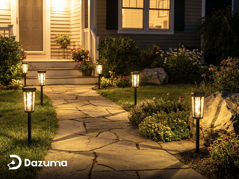 warm outdoor path lighting for a residential front yard