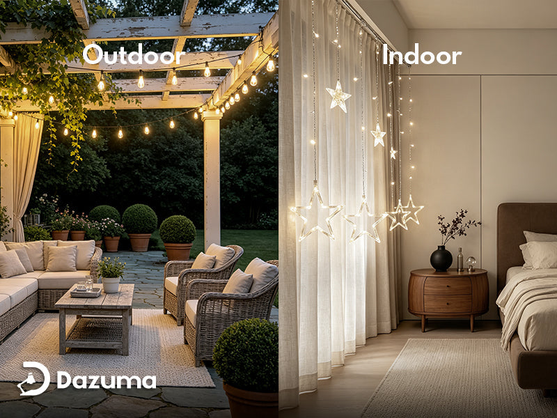string lights vs fairy lights outdoor patio and indoor bedroom comparison