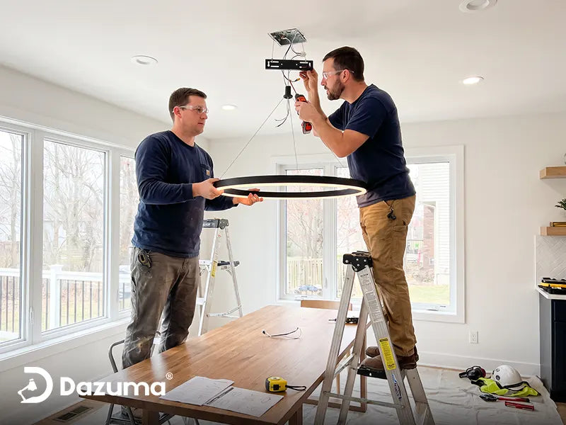 Two people installing a chandelier above a dining table in a bright home interior
