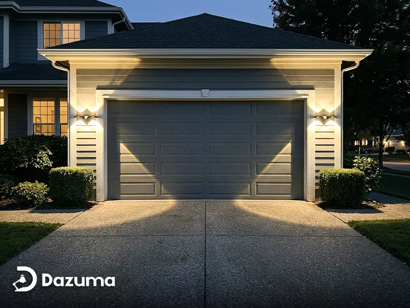 Outdoor wall sconces matched with garage door style at night