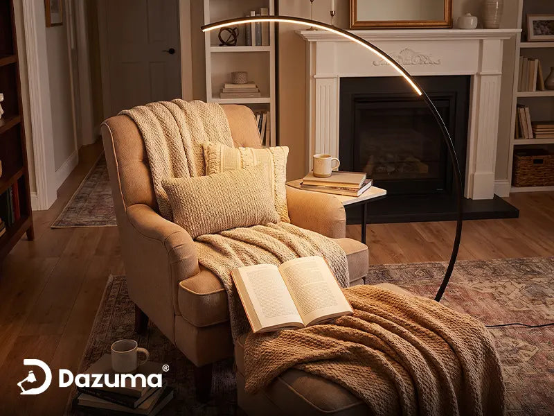 Floor reading lamp placed beside a sofa in a comfortable living room reading corner