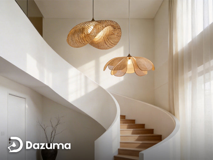 Elegant bamboo pendant light in a modern interior creating warm natural atmosphere.