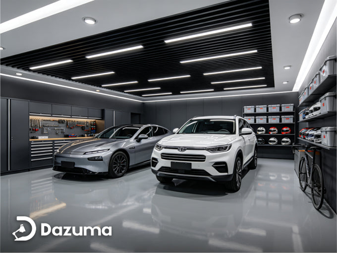 Modern garage with bright and evenly distributed LED lighting system.