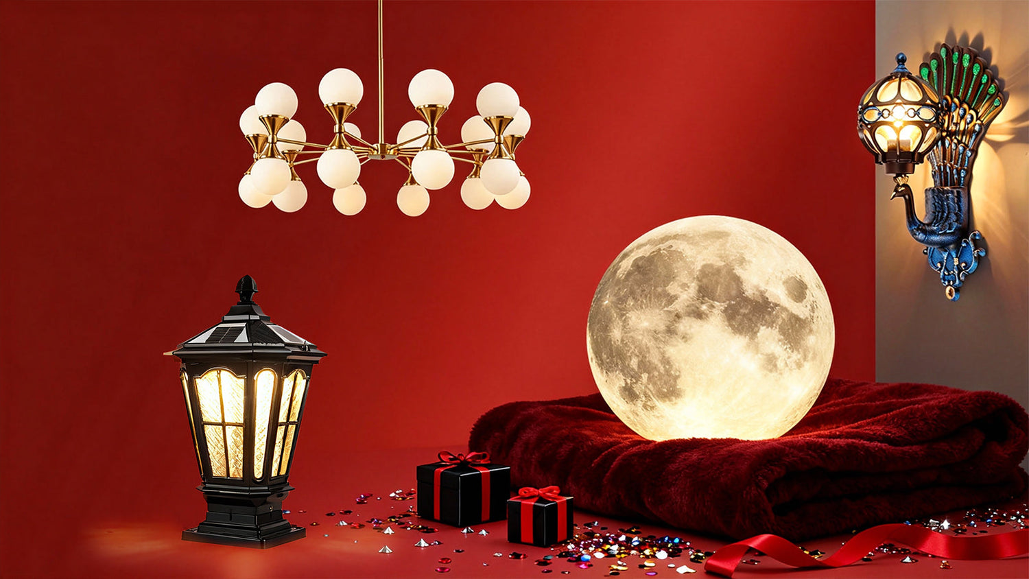 Outdoor and indoor holiday lighting display with festive decorations.