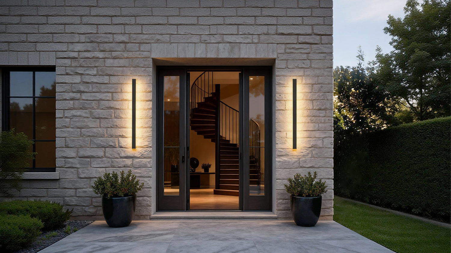 Black outdoor wall sconce lights at the gate to the outdoor patio