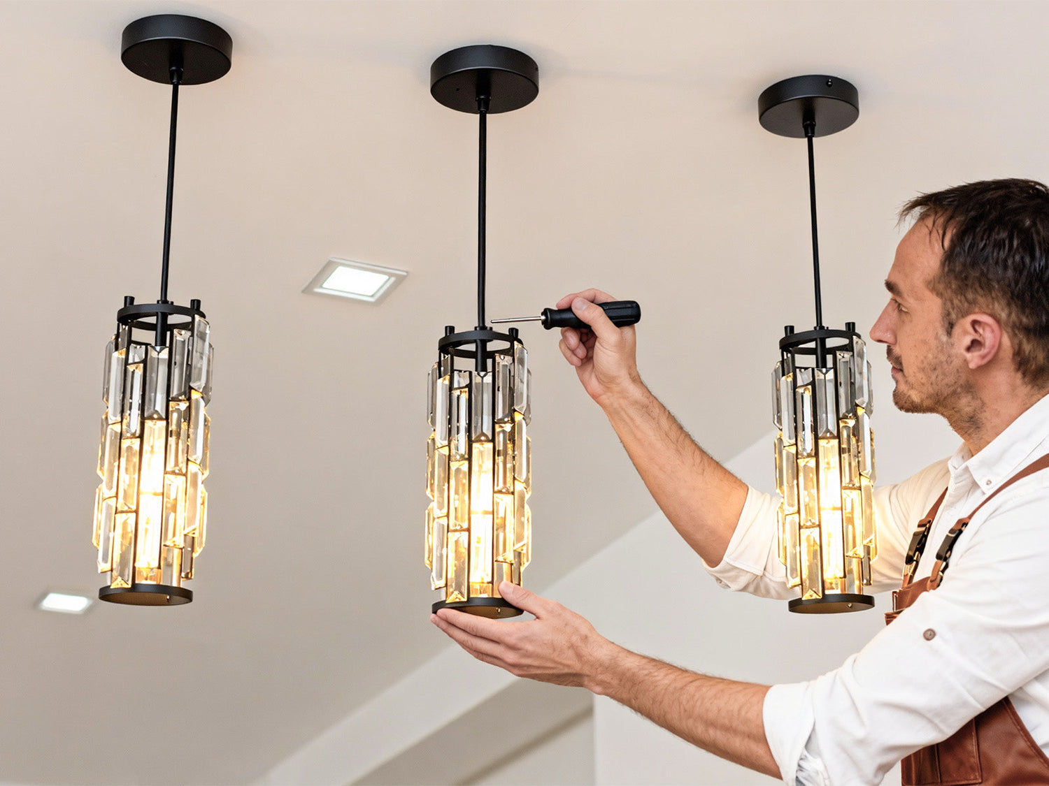 Electrician installing modern pendant lights on the ceiling.