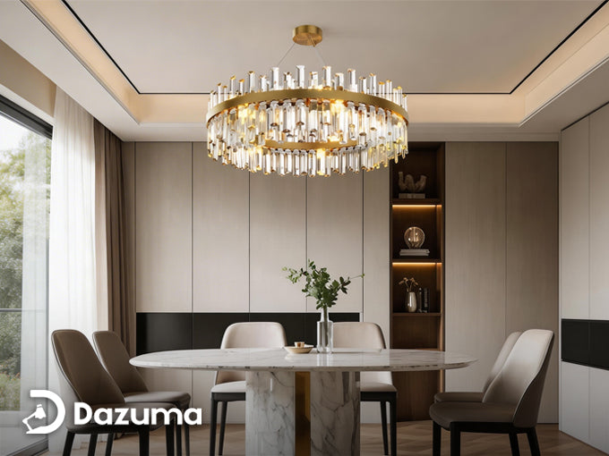 modern chandelier hanging over dining table at correct height in dining room