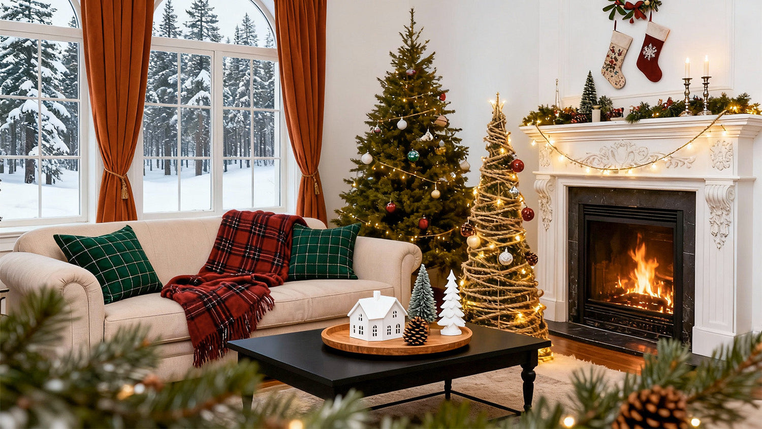 A Christmas tree glowing with LED string lights in a cozy living room.
