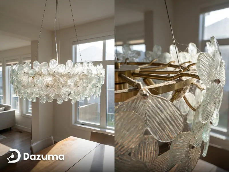 clean glass chandelier compared with dusty detailed chandelier surfaces