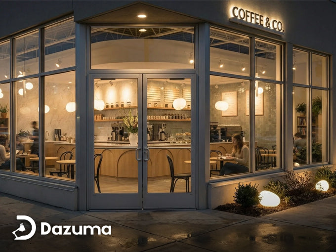 Exterior lighting design of Coffee & Co. Corner Café with warm ambient glow and inviting storefront