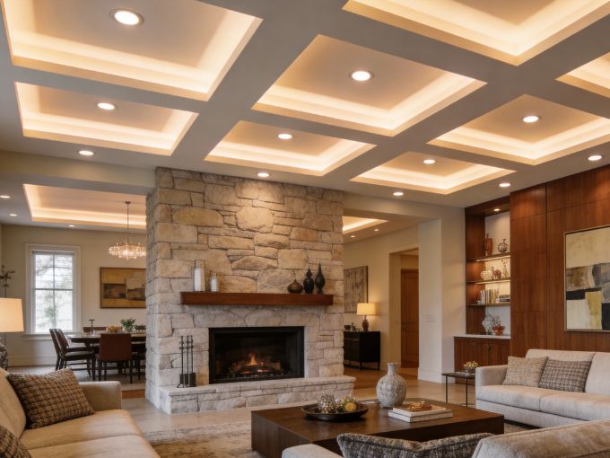 Luxury living room with coffered ceiling and recessed can lights creating layered illumination.