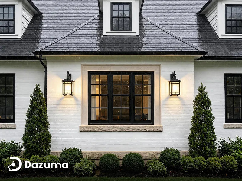 Outdoor wall light protected from rain water near a covered porch.