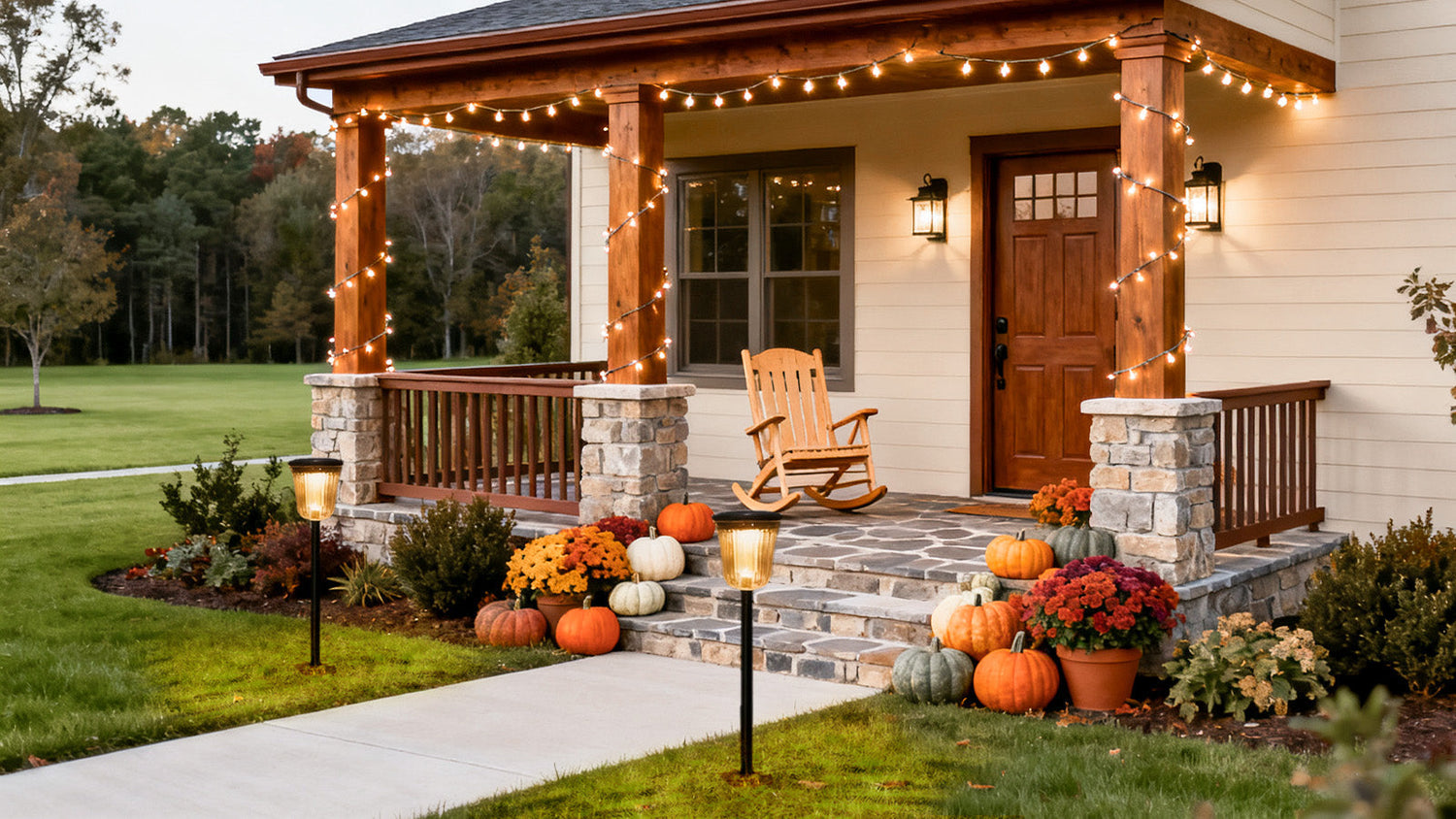 Warm autumn outdoor porch decorated with fall solar lights, pumpkins, and cozy string lights for energy-efficient décor