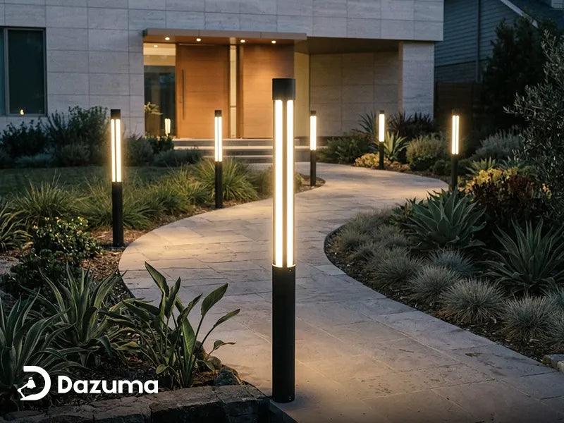 outdoor bollard light spacing along a curved residential front walkway