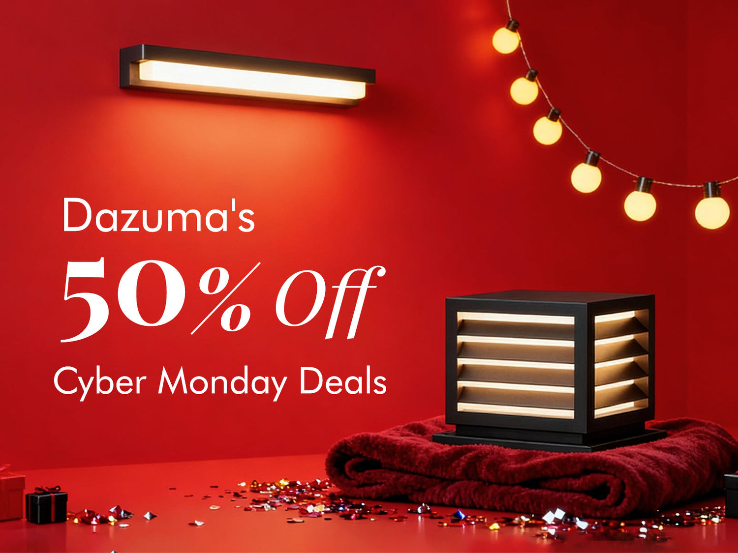 Modern outdoor wall light displayed in a festive Cyber Monday Deals setting with red background and decorative string lights.