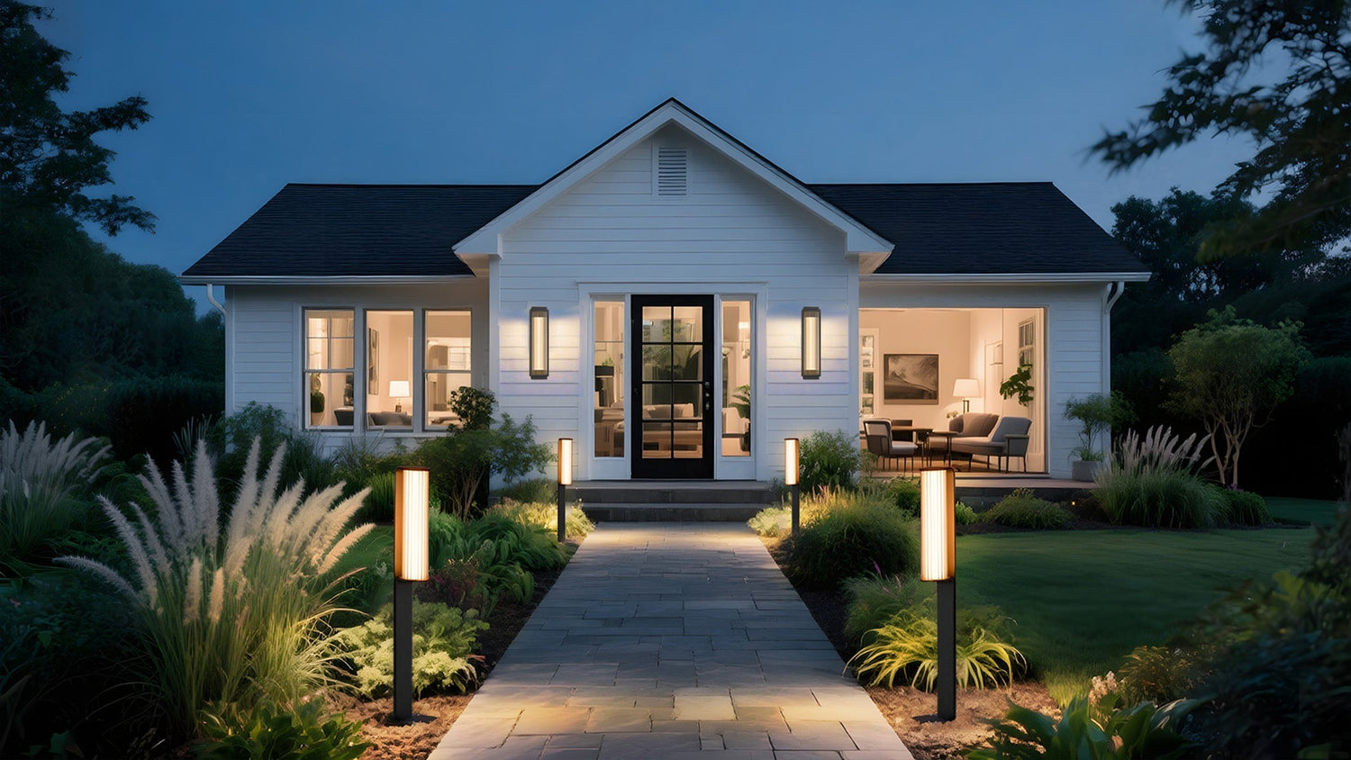 Dazuma bollard lights illuminate the front doorway