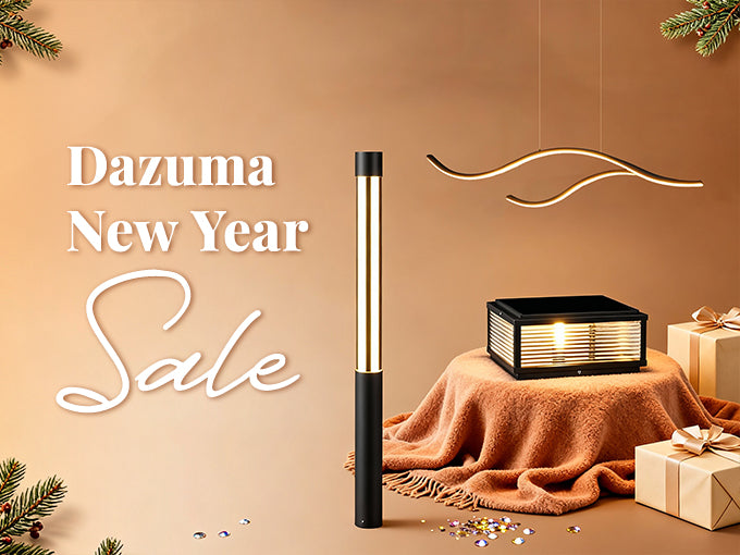 Dazuma New Year Sale featuring modern outdoor and indoor lighting fixtures with festive decor.