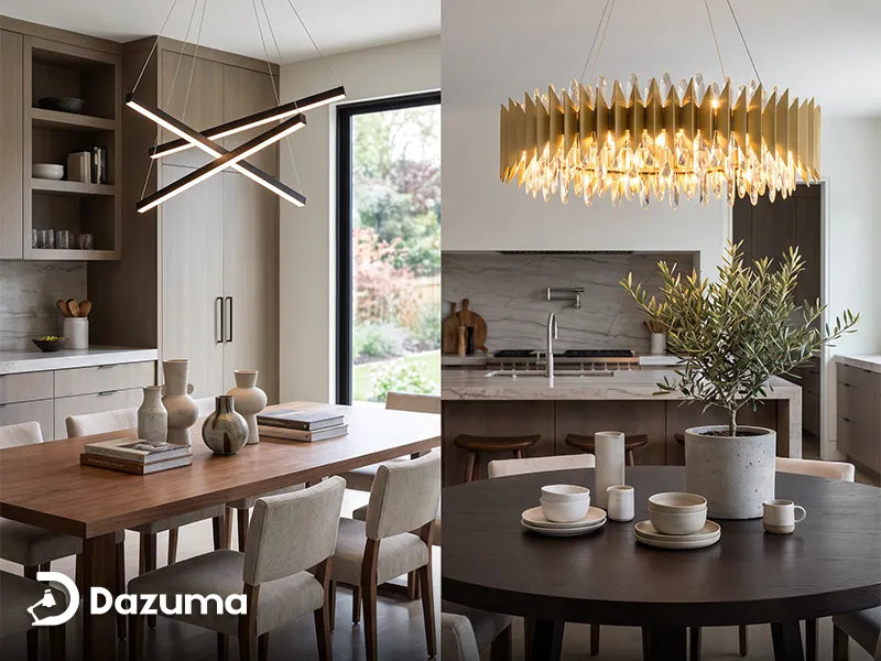 linear chandelier versus round chandelier over different dining room tables