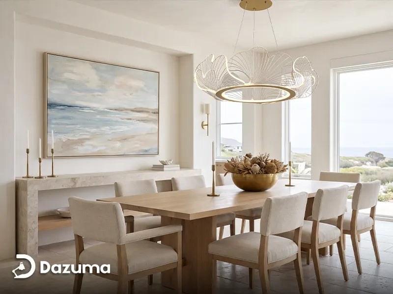 elegant coastal chandelier in a refined dining room with oak linen and stone