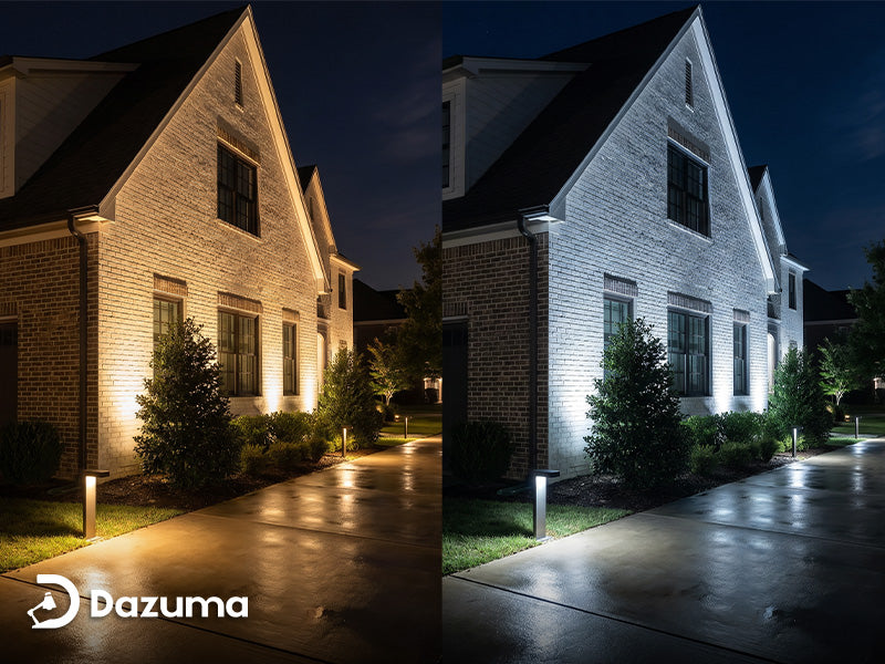 exterior wall wash lighting color temperature comparison warm white versus cool white on brick facade