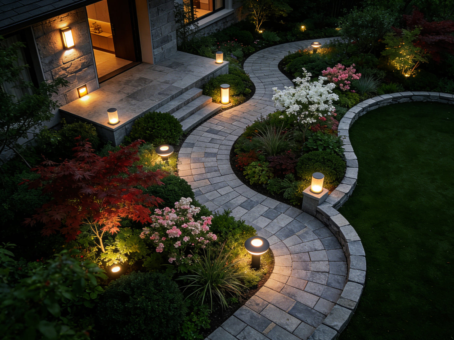 Curved garden pathway illuminated by modern landscape lights creating a warm and welcoming outdoor ambiance at night.
