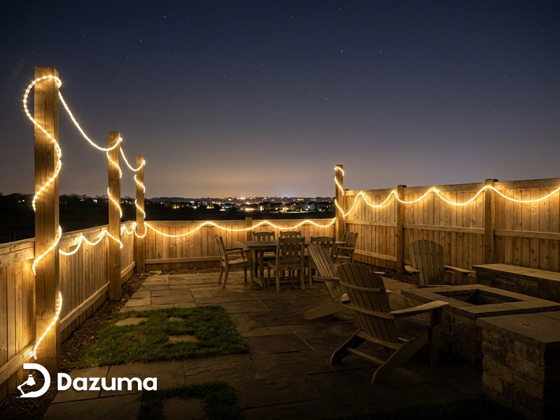 hang string lights backyard no trees over a patio dining area