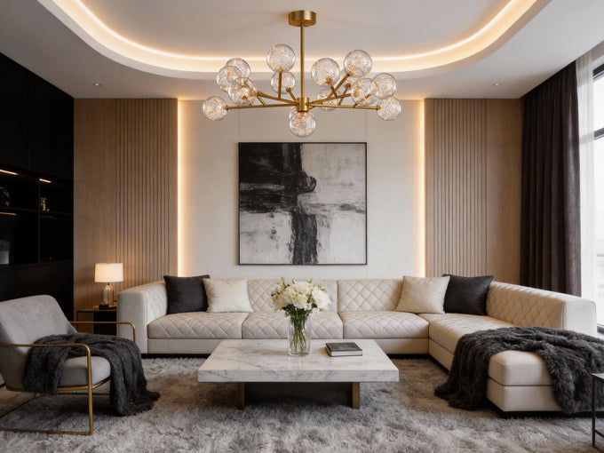 Living room with layered ambient lighting using a chandelier and recessed ceiling lights