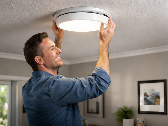 Homeowner installing a new LED ceiling light fixture on the ceiling using a ladder.
