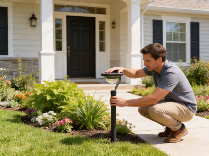 Homeowner installing low voltage landscape lighting in a front yard.