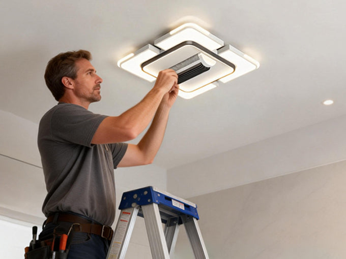 Technician installing a bathroom fan light unit in the ceiling using a ladder