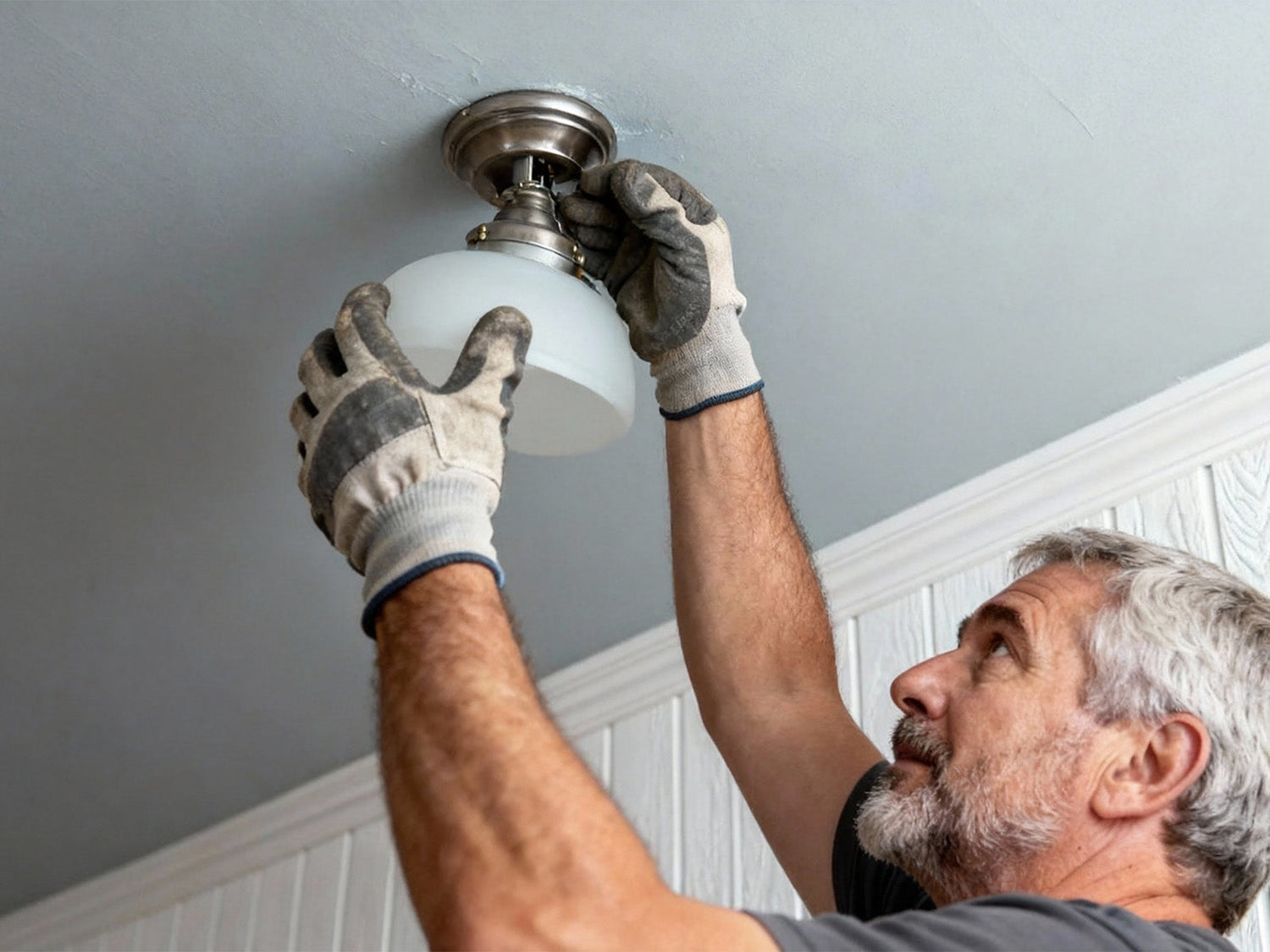 Man installing a ceiling light base with gloves.