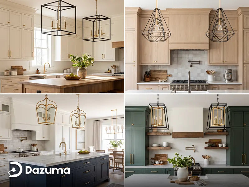 black and gold pendant lights paired with white wood navy and green kitchens