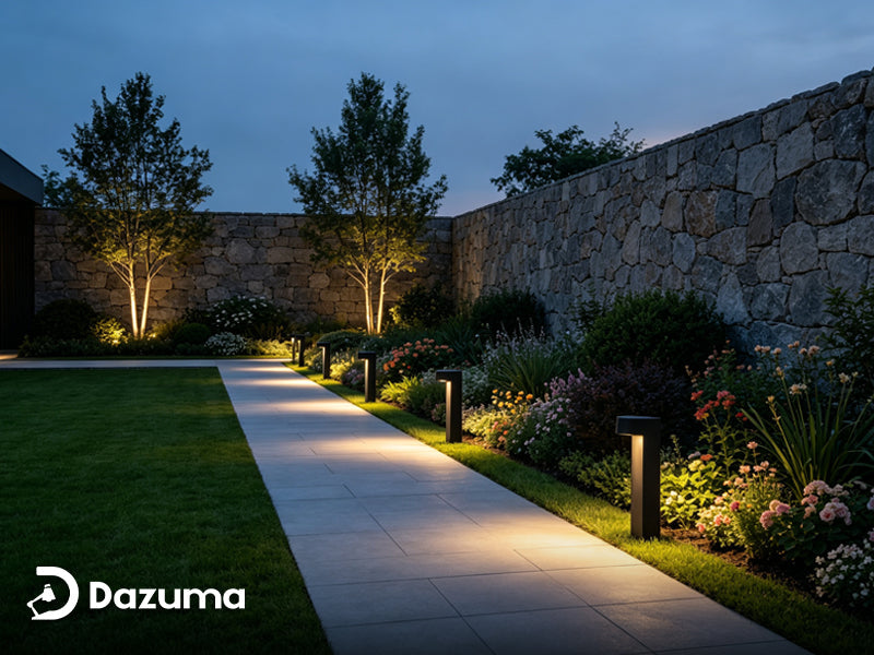 landscape lighting layout front yard backyard with path lights and uplights at night