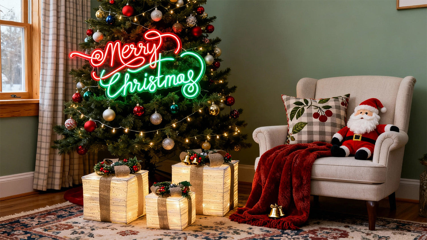 LED Christmas lights glowing on a decorated tree with festive ornaments.