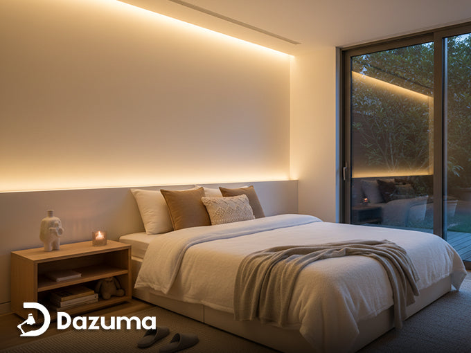 LED strip lights installed around a bedroom ceiling creating ambient lighting.