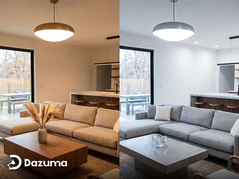 warm white versus cool white lighting in a living room