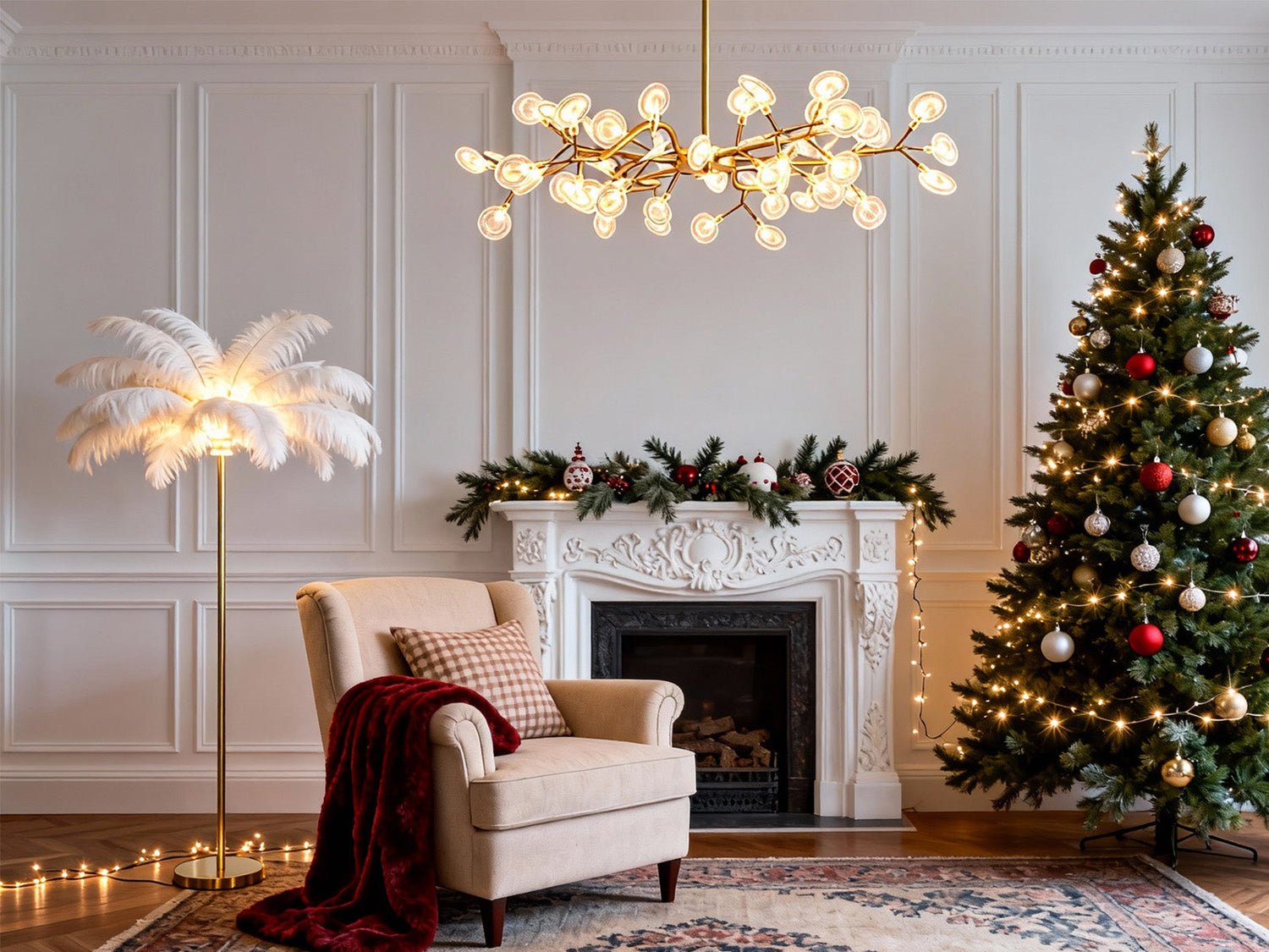 A luxurious living room featuring an elegant crystal chandelier and Christmas decorations beside a fireplace.