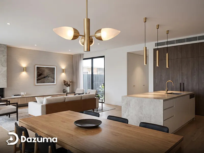 mixed chandelier pendant and wall lights in a coordinated open floor plan