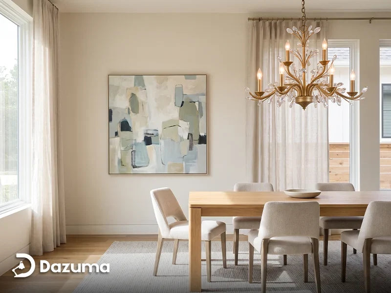 vintage chandelier in a bright modern dining room